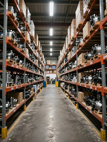 Wide panoramic view of a large industrial warehouse interior, rows of organised metal shelving stacked with mechanical components and hardware boxes stretching into the distance, even overhead fluorescent lighting, no people, shot from a low angle to emphasise scale and depth
