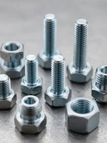 Extreme close-up of industrial spare parts — threaded steel bolts, flanged fittings and machined couplings arranged on a clean grey steel surface under even neutral studio light, sharp focus on the material finish and machined tolerances, no people