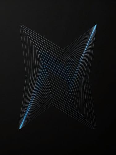 High-fidelity abstract UI wireframe with sharp geometric lines and electric blue accents on a dark background, minimalist tech photography, crisp studio lighting