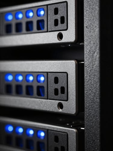 Macro close-up of high-contrast server rack with sharp electric blue LED lights, crisp studio lighting, minimal composition