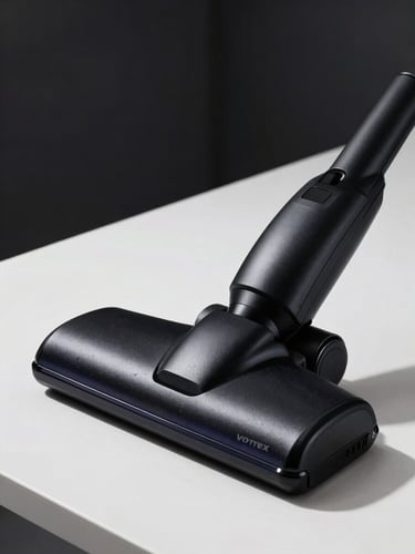 Close-up of matte-black Vortex vacuum resting on a clean minimalist desk, high-contrast studio lighting, sharp focus, 85mm lens