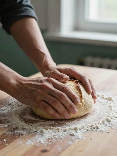 Hands of an artisan baker kneading sourdough on a floured wooden surface, natural window light, moody shadows, 35mm lens