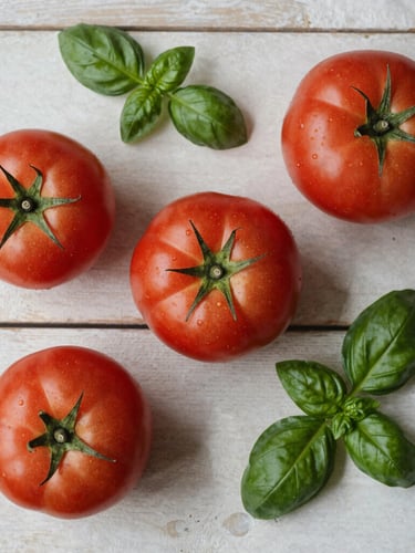 Overhead flat-lay of raw heirloom tomatoes and fresh basil on a rustic wooden table, soft natural daylight, minimalist Scandinavian composition