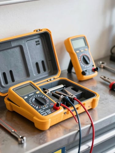 A clean, organized toolbox with professional diagnostic equipment, a digital multimeter, and specialized hand tools on a steel workbench, bright daylight, high contrast yellow and charcoal tones, sharp focus, 35mm