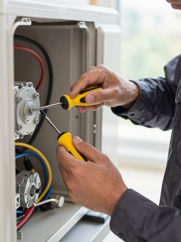 A close-up of a professional technician in a clean dark charcoal uniform, holding a yellow-handled screwdriver, working on a complex residential AC unit wiring, bright natural daylight, sharp focus, 35mm.
