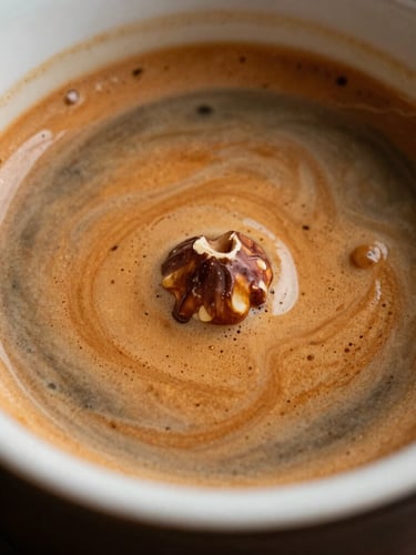 Extreme close-up of thick hazelnut espresso crema swirling inside a heavy dark ceramic cup, warm amber side lighting emphasizing the rich texture.