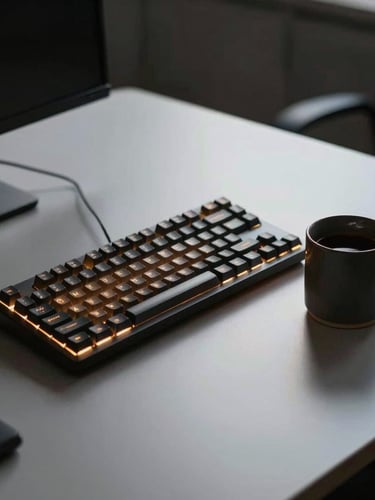 Environmental wide shot of a clean, minimalist security operations desk in low light, a mechanical keyboard glowing with warm amber backlight next to a heavy dark ceramic mug, soft shadows.