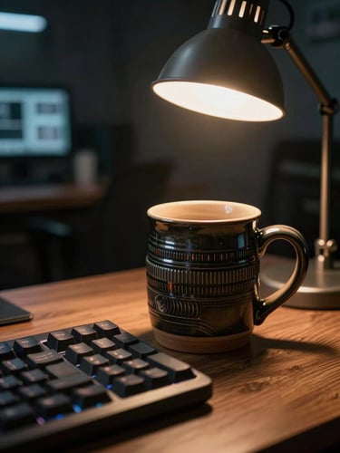 Cinematic portrait shot of a heavy dark ceramic mug next to a mechanical keyboard, warm amber glow from a single desk lamp illuminating knurled metal textures, low-light security operations center in the soft-focus background.