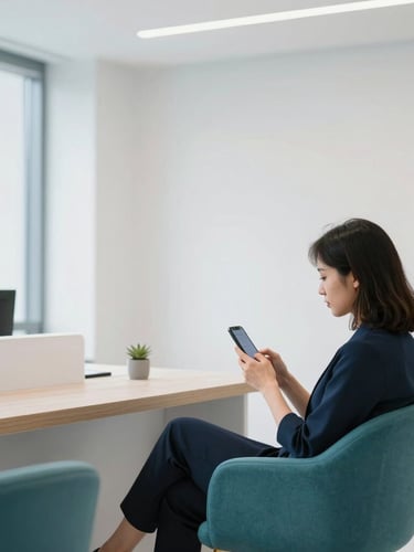 Bright modern clinic reception area, clean minimalist design, a calm person sitting on a comfortable chair looking relaxed at their smartphone, natural daylight, professional teal and navy tones, sharp focus.