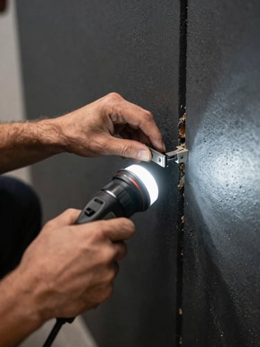 Technician hands close-up installing a trap near a dark wall gap, work-site flashlight illumination, no face visible, documentary