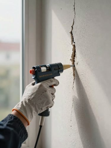 Close-up of a technician's gloved hands pressing a silicone sealant gun into a wall crack entry point inside a Barbalho residential building, natural side-window light, plaster dust visible, no face shown