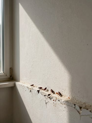 Extreme close-up of crumbling plaster wall in a Barbalho residential building, cockroach droppings visible along a baseboard crack, natural daylight from a side window casting hard shadows on the damaged surface
