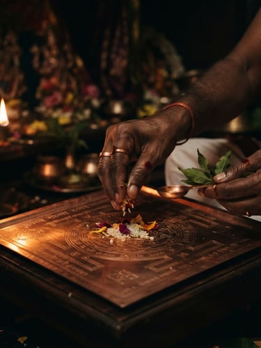 Close-up of a priest's hands performing a consecration ritual over a hand-etched copper yantra, dramatic side-lighting resembling oil lamps, deep shadows, rich dark tones, macro lens, 35mm