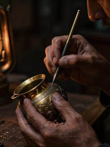 Portrait close-up of a craftsman's hands delicately etching intricate patterns onto a tarnished brass ritual vessel, illuminated by dramatic side-lighting resembling oil lamps. The background is dark and blurred, emphasizing the focused work.