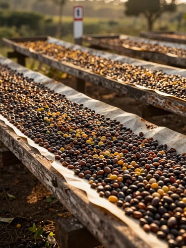 Close-up documentary shot of Ugandan coffee farm infrastructure — weathered timber drying beds lined with parchment coffee, golden-hour side-light raking across the surface, elevation marker post visible in the background, no people, environmental and specific to place