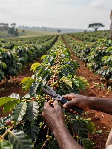Wide shot of a smallholder coffee farm plot in Uganda, a farmer's hands visible in the lower frame pruning a coffee branch, farm rows extending into middle distance under diffused morning light, green canopy and red soil visible