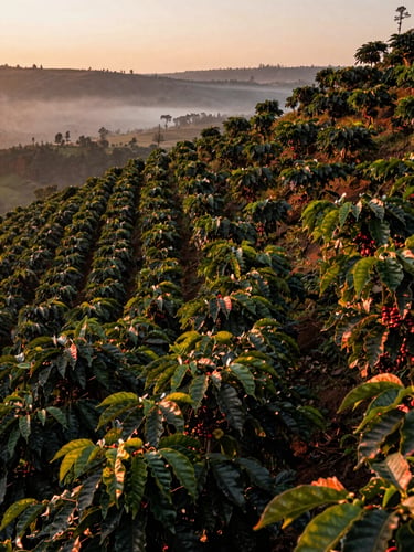 Panoramic environmental shot looking down long rows of mature coffee plants on a steep Ugandan hillside at golden hour, red-orange side-light catching the leaf edges, elevation visible through the valley mist in the far background, no people in frame, wide landscape aspect