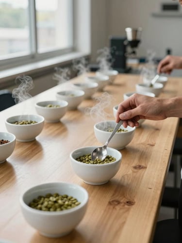 Wide interior shot of a cupping lab mid-session, rows of white cupping bowls filled with green and roasted coffee samples on a long wooden table, a pair of hands holding a cupping spoon over a bowl, natural north-facing window light illuminating the steam, warm sienna and charcoal tones, no people's faces visible