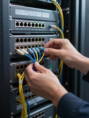 Tight framing of a developer's hands configuring network patch cables on a dense server rack panel, cool studio strobe light revealing cable labels and port markings in sharp detail, dark rack interior visible behind