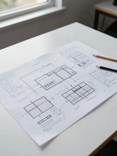 Close overhead framing of a large printed system architecture diagram spread across a clean white table, annotated with handwritten notes in pencil, lit by cool north-facing daylight from a nearby window, empty workspace visible at frame edges