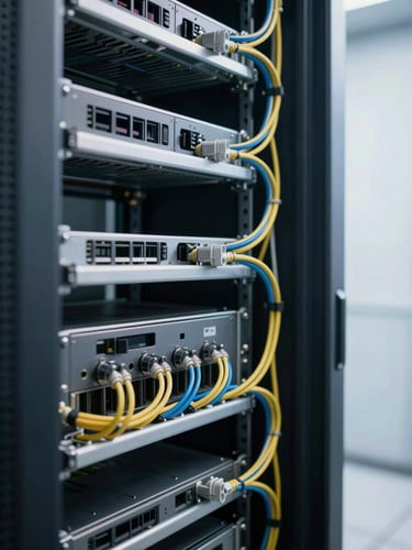Tight close-up of a dense server rack interior, cables routed with precision along steel rails, shot from the right side under cool north-facing studio strobe light, shallow depth of field, no people, clinical and revealing