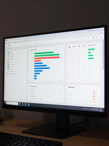 Close-up of a live SaaS dashboard on a high-resolution monitor, real analytics and funnel metrics visible on screen, cool studio lighting illuminating the interface, workspace edge visible at bottom frame