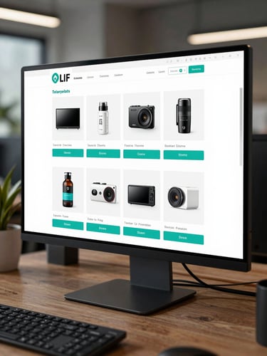 Wide environmental shot of a live ecommerce product page on a large monitor, real product grid with teal accent buttons, cool studio lighting, desk workspace density visible at edges