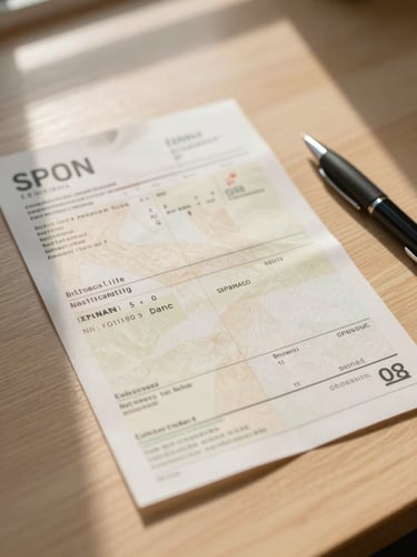 Overhead close-up of a Spanish electricity bill spread flat on a light wooden table, a pen resting beside it, soft natural window light casting gentle shadows, no identifying personal data visible, warm cream tones
