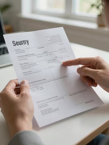 Close-up of a pair of hands holding an electricity bill, index finger pointing at a line item, soft natural daylight from a nearby window, kitchen table in soft focus behind
