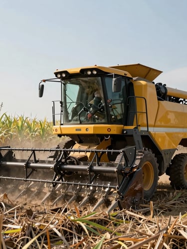Wide macro shot of a heavy-duty yellow harvester working in a sugarcane field under intense afternoon sun, dust kicking up, high contrast.