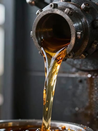 Macro shot of industrial amber chemical fluid pouring from a nozzle, high contrast natural light reflecting off the liquid, dark mechanical background with sharp metallic details.