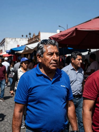 High-contrast documentary photograph of a bustling street market in Guadalajara, focus on candid faces and urban textures, sharp natural daylight, 35mm lens, low angle perspective.