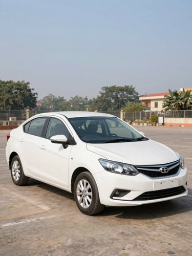 A clean white sedan parked in front of Patna Gandhi Maidan under bright natural morning daylight, sharp focus, 35mm lens