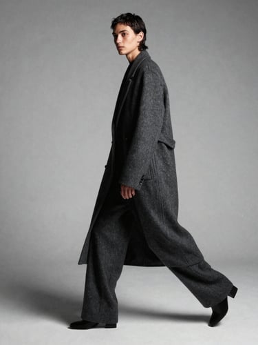 Full-length structural pose of a gender-fluid model in motion, showcasing the uncompromised drape of a heavy charcoal wool coat, sharp directional studio lighting, desaturated cool tones