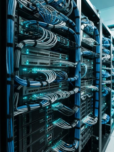 Close-up of clean server rack wiring with cyan status lights, crisp technical studio lighting, sharp focus, 35mm lens