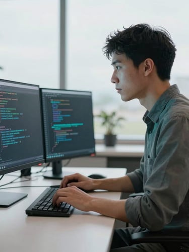A software engineer writing code on a high-resolution display, cool daylight with subtle cyan reflections, modern clean workspace in Colorado, sharp focus