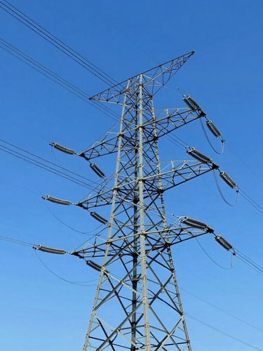 Low-angle heroic shot of high-voltage power lines against a clear blue sky, bright daylight, sharp focus, vivid colors.