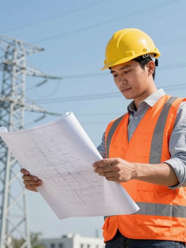 Low-angle heroic shot of an engineer in a high-visibility orange vest and hard hat reviewing industrial blueprints on a sunny day, high-voltage power lines and clear blue sky in the background
