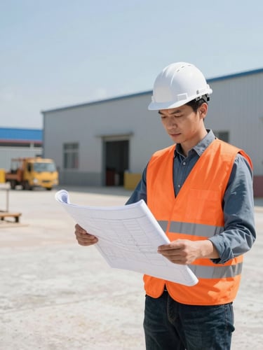 An engineer in a high-visibility orange vest and white hardhat reviewing blueprints on a clean modern industrial job site, bright midday sun, sharp focus.