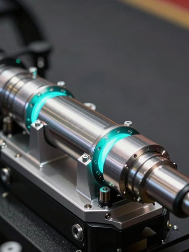 Close-up of active hydraulic motion actuators on a racing simulator chassis, metallic reflection, electric cyan highlights, dark background