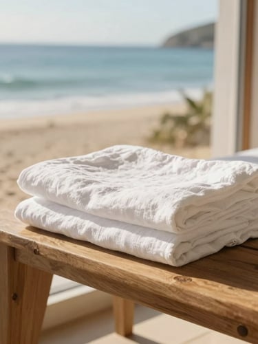 Crisp white linen folded on a wooden bench inside a bright coastal bedroom, soft sunlight streaming in, luxury hospitality feel, 35mm