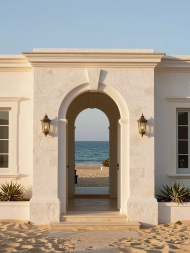 Elegant white stone villa entrance in Île de Ré, warm golden-hour sunlight, soft sand tones, architectural details, 35mm