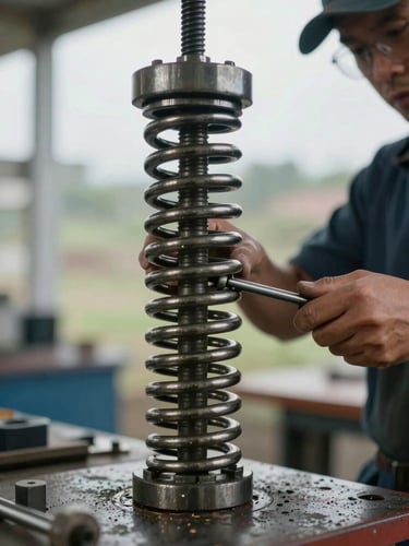 A close-up of a heavy-duty steel torsion spring being adjusted with tension rods by a technician, natural overcast daylight, sharp focus on hardware.