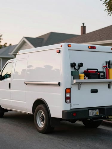 A clean, white service truck parked on a quiet Stockton residential street during late afternoon, focusing on the rear utility rack and tools, natural overcast lighting.