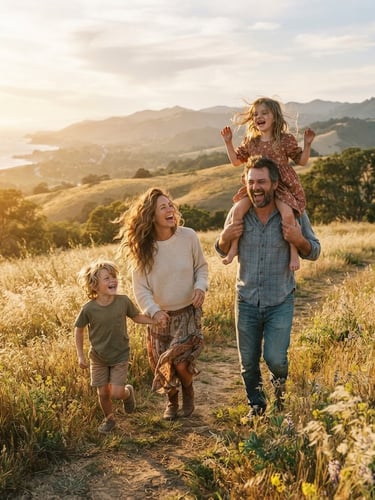 Cinematic wide shot of a family laughing candidly in a golden-hour California field, wind-blown hair, soft lens flare, warm sun-drenched tones, 35mm film aesthetic