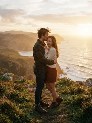 Cinematic wide shot of a couple embracing under a warm, golden-hour sun, soft lens flare, deep natural shadows, 35mm film aesthetic