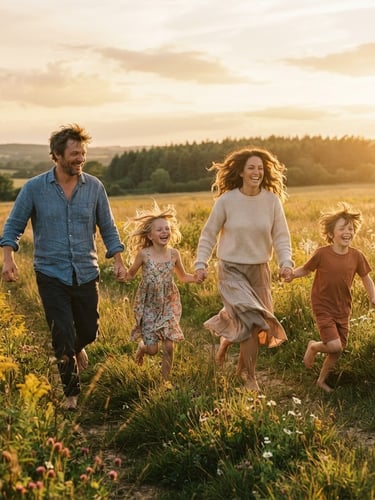 A wide cinematic shot of a family running through a sun-drenched meadow, warm golden-hour backlighting, children laughing with wind-blown hair, 35mm film aesthetic