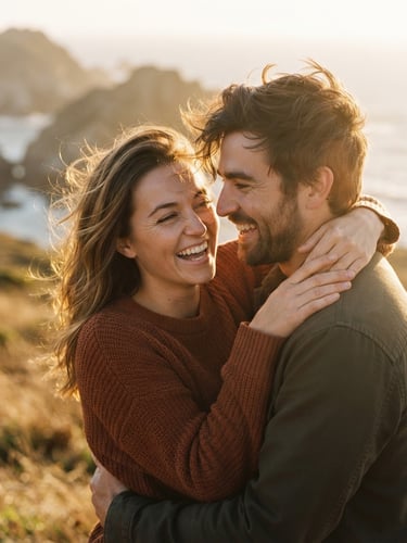 Intimate close-up of a laughing couple with wind-blown hair, warm golden-hour backlighting, soft lens flare, cinematic 35mm film aesthetic