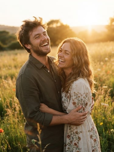 Cinematic portrait of a couple laughing candidly in a golden-hour meadow, warm sun-drenched backlighting, soft lens flares, deep natural shadows, 35mm film aesthetic.