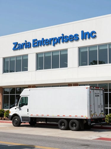 Bright morning daylight shot of the Zaria Enterprises Inc office exterior in Lawrenceville, GA, with a modern commercial transport truck parked nearby, sharp focus, 35mm lens.